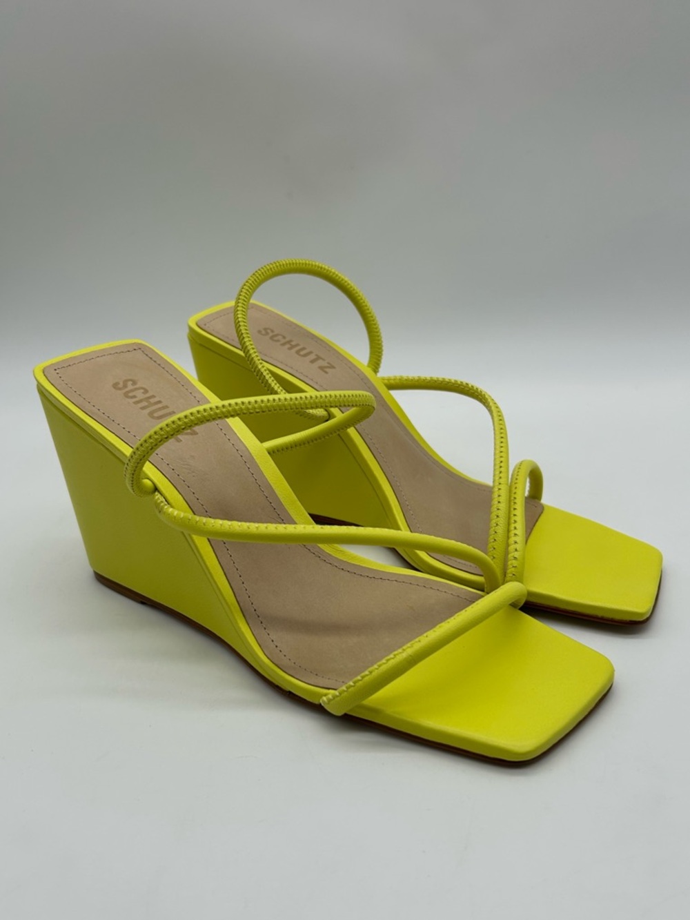 Schutz Kiki Green Apple Leather Wedge Sandals 8B New With Box - Picture 4 of 10